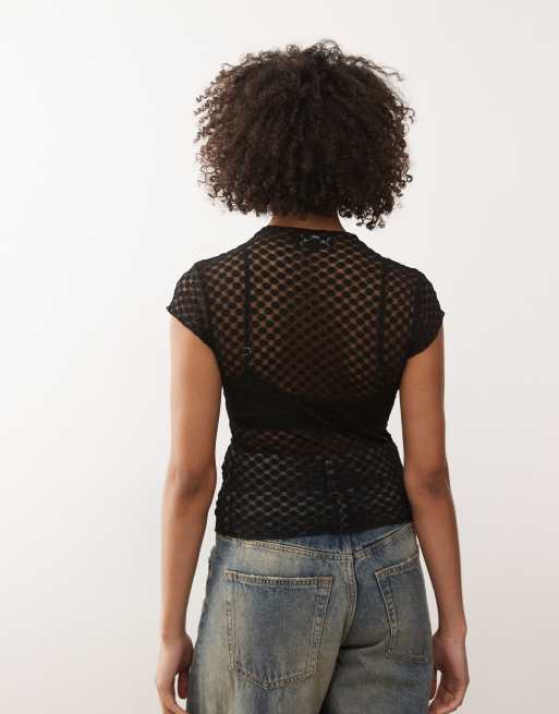 Motel Jiwon keyhole polka lace top in black, 2 of 4