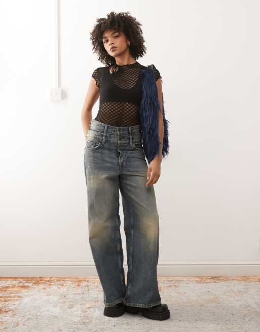 Motel Jiwon keyhole polka lace top in black, 4 of 4