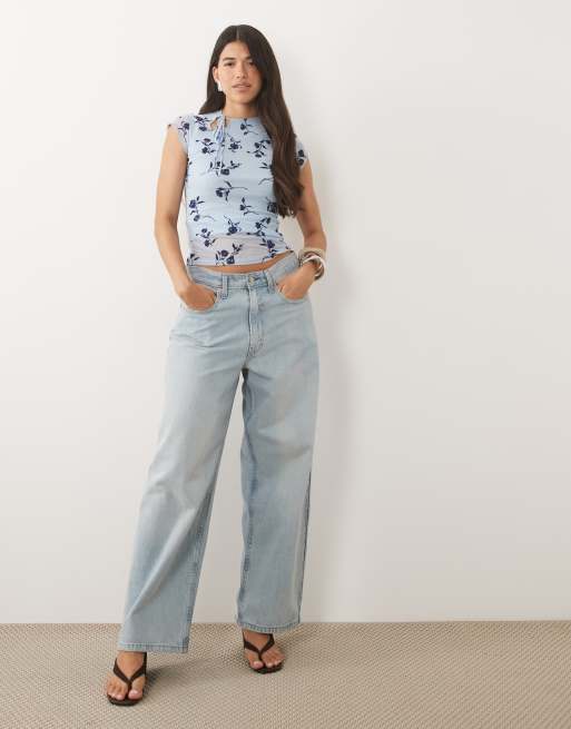 Motel Jiwon tie neck flocked top in leafy blue , 2 of 4