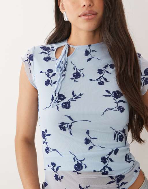 Motel Jiwon tie neck flocked top in leafy blue , 3 of 4