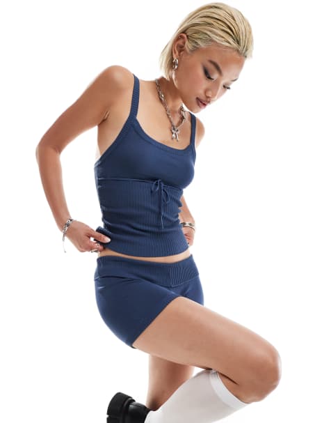 Motel joanie ribbed knitted cami top co-ord in navy - view 1