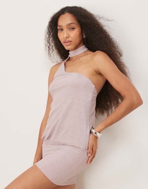 Motel joanka shimmer tie-neck mini dress in pink, 4 of 4