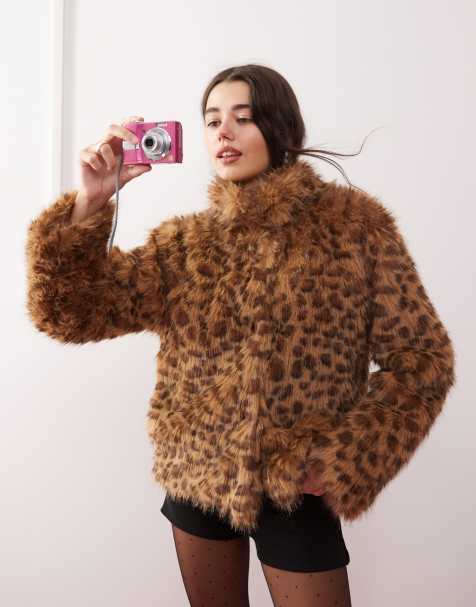 Motel Joji crop faux fur leopard print jacket in brown - view 1