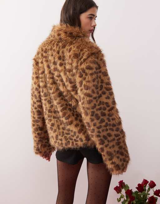 Motel Joji crop faux fur leopard print jacket in brown ASOS