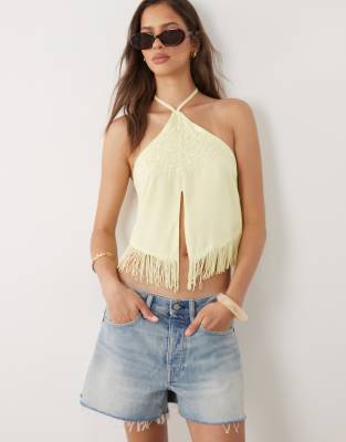 Motel Junaya Halter Fringe Top In Neutral