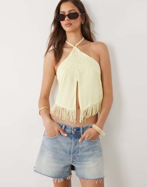 Motel - Junaya - Top amarillo crema con cuello halter y flecos - view 1