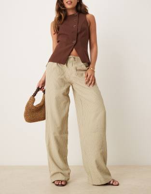 juria wide leg relaxed linen look pants in neutral khaki green stripes