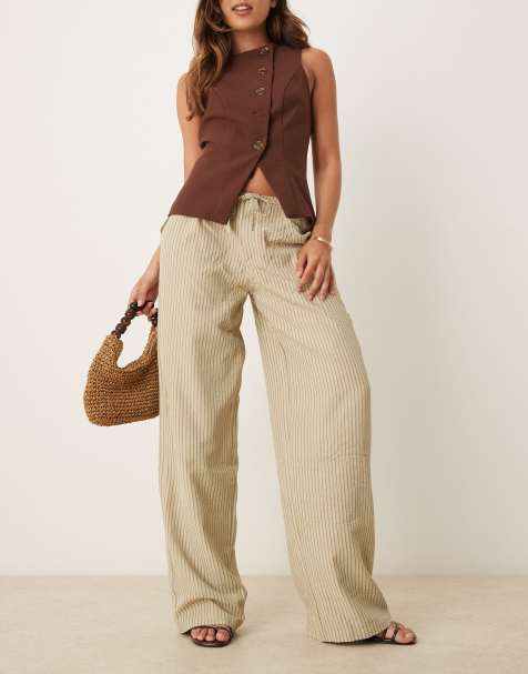 Motel juria wide leg relaxed linen trouser in neutral khaki stripe - view 1