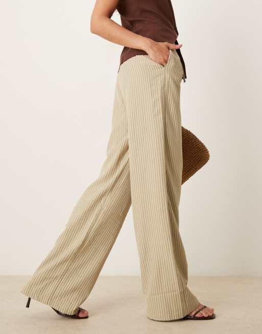 Motel juria wide leg relaxed linen trouser in neutral khaki stripe, 2 of 5