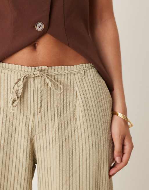 Motel juria wide leg relaxed linen trouser in neutral khaki stripe, 3 of 5