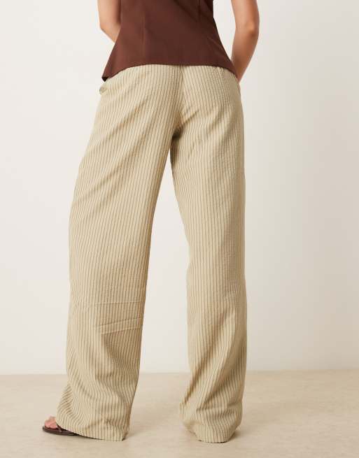 Motel juria wide leg relaxed linen trouser in neutral khaki stripe, 4 of 5