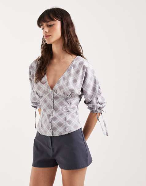 Motel Kadeka poplin tie detail shirt in grey check - view 1