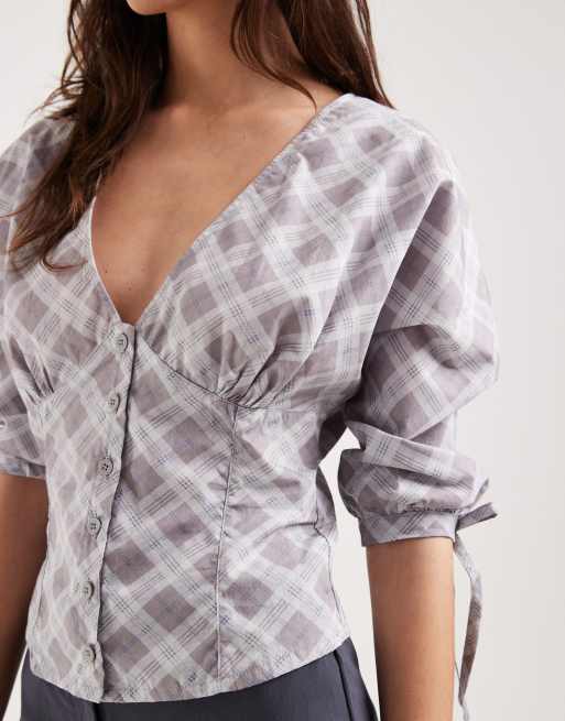 Motel Kadeka poplin tie detail shirt in grey check, 3 of 4