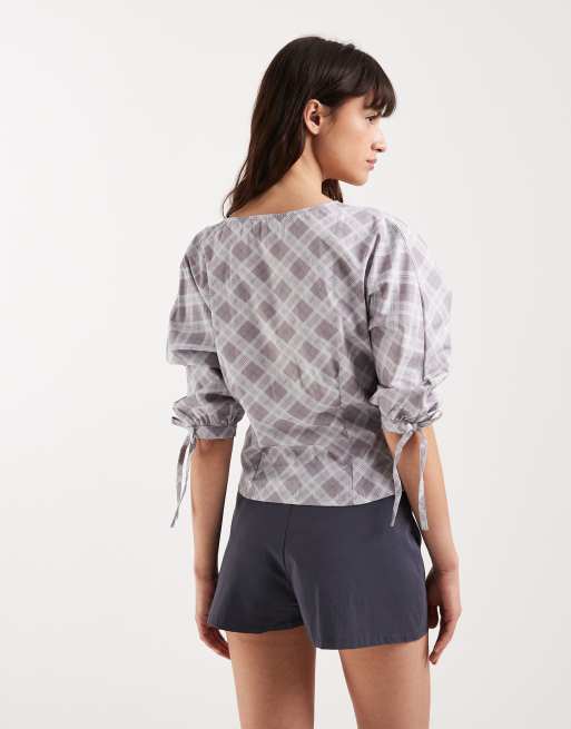 Motel Kadeka poplin tie detail shirt in grey check, 4 of 4