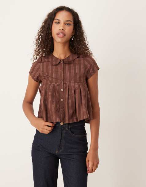 Motel Kaelis pleated short sleeve striped collared blouse in brown