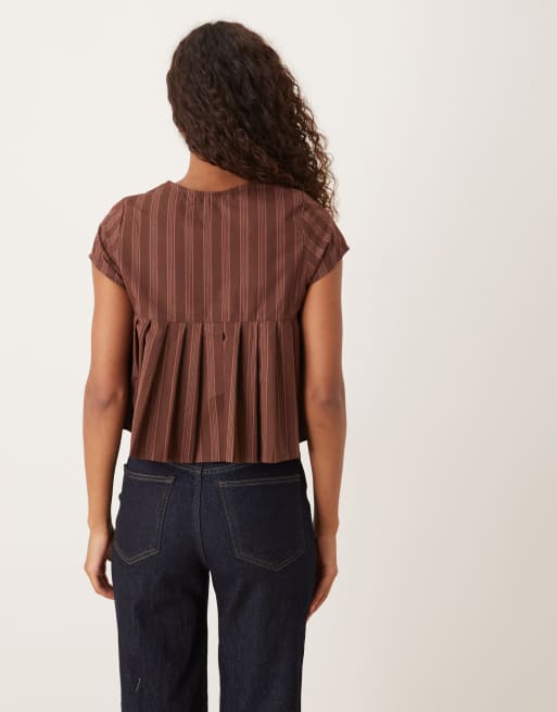 Motel Kaelis pleated short sleeve striped collared blouse in brown, 3 of 4