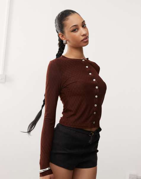 Motel kahula button through argyle cardigan top in brown - view 1