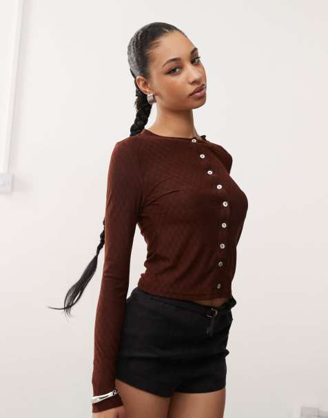Motel kahula button up argyle cardigan top in brown - view 1