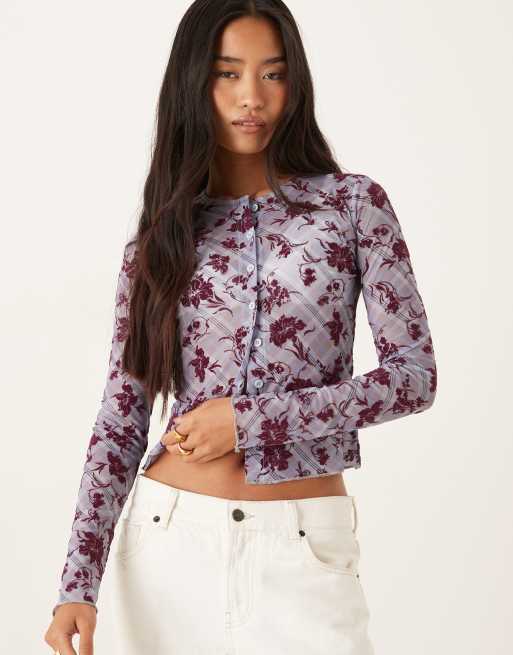 Motel Kahula long sleeve lotus flock top in lavender check, 2 of 4