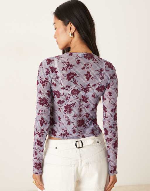 Motel Kahula long sleeve lotus flock top in lavender check, 4 of 4
