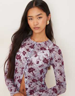 Motel Kahula Long Sleeve Lotus Flock Top In Multi