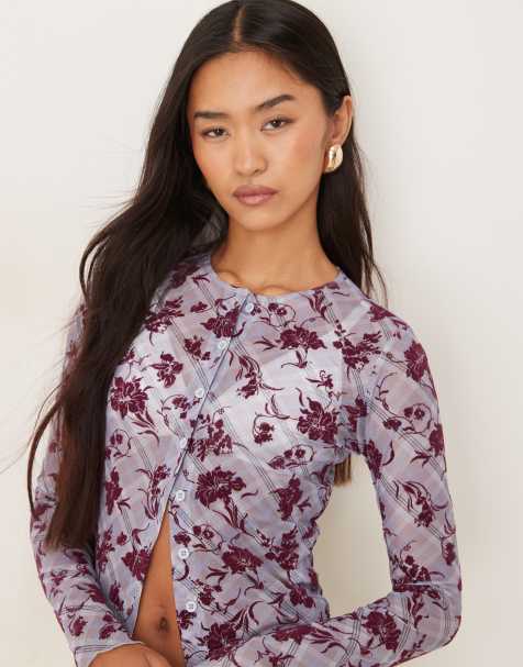 Motel Kahula long sleeve lotus flock top in lavender plaid - view 1