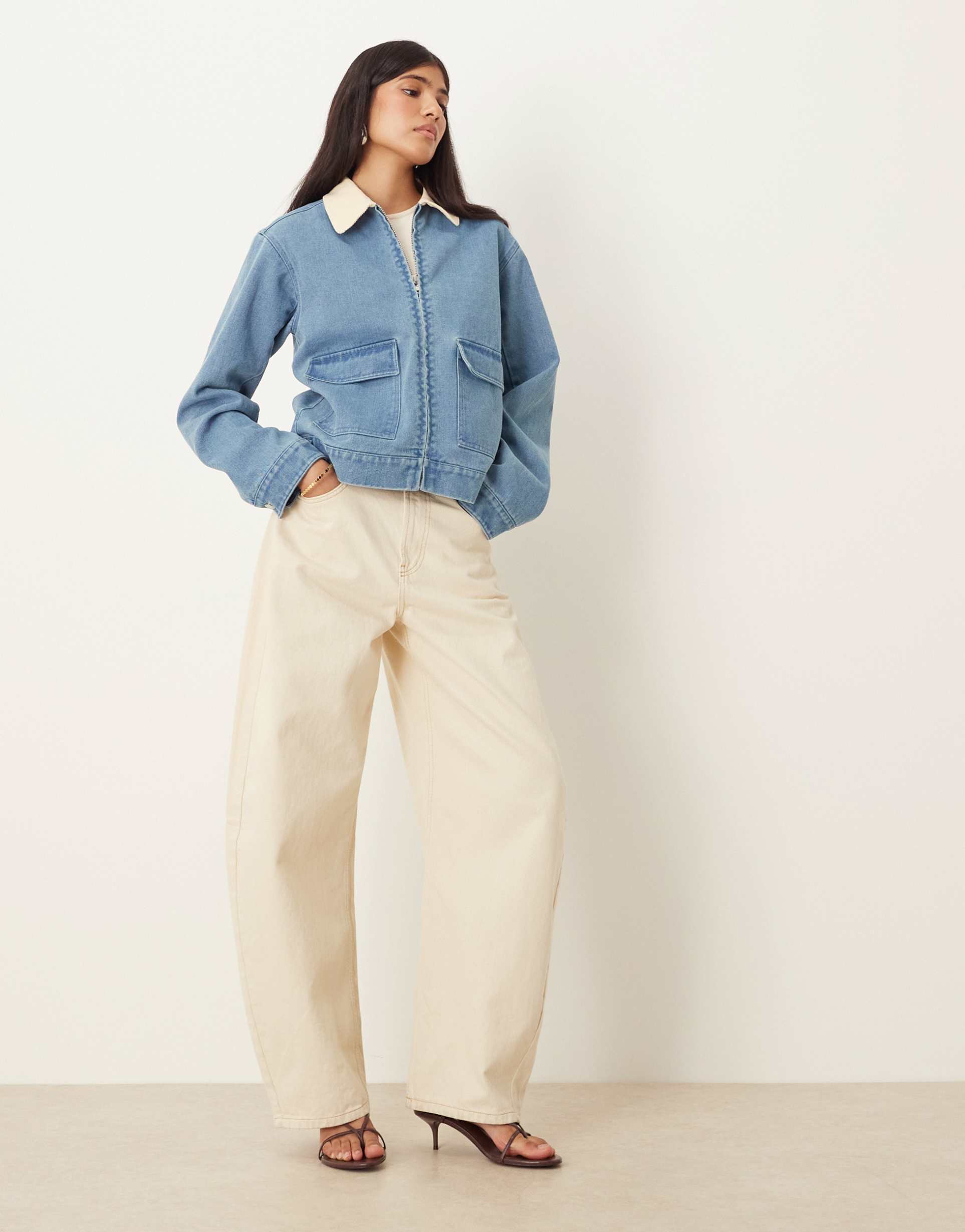 motel kahyun collared denim worker jacket in light blue