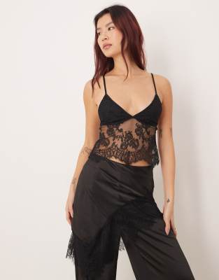 Motel Kaika Plunge Lace Cami Top In Black