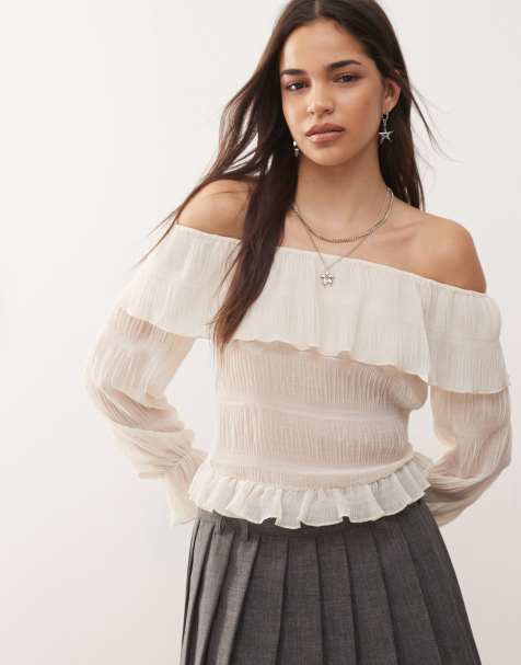 Motel - Kalena - Blouse met blote schouders, ruches en lange mouwen in ivoor - view 1