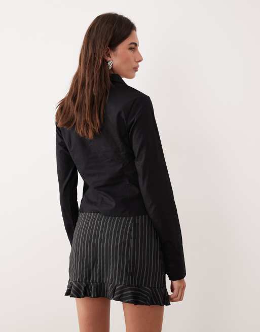 Motel Kalika tailored ruffle edge pinstripe mini skirt in black, 2 of 5