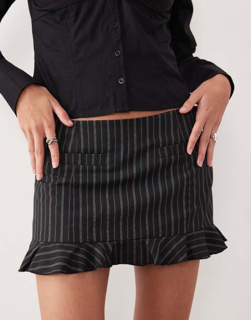 Motel Kalika tailored ruffle edge pinstripe mini skirt in black, 5 of 5