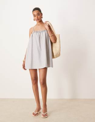 Motel - Kamalani - Mini-Hängerkleid in Blaugrau mit Vichy-Karo