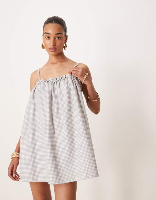 Motel - Kamalani - Robe babydoll courte à carreaux vichy - Gris bleu, 2 de 4