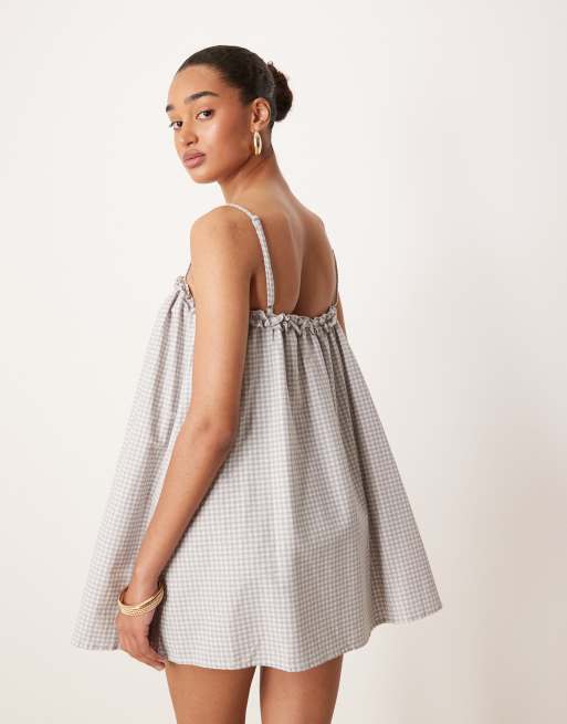 Motel - Kamalani - Robe babydoll courte à carreaux vichy - Gris bleu, 4 de 4