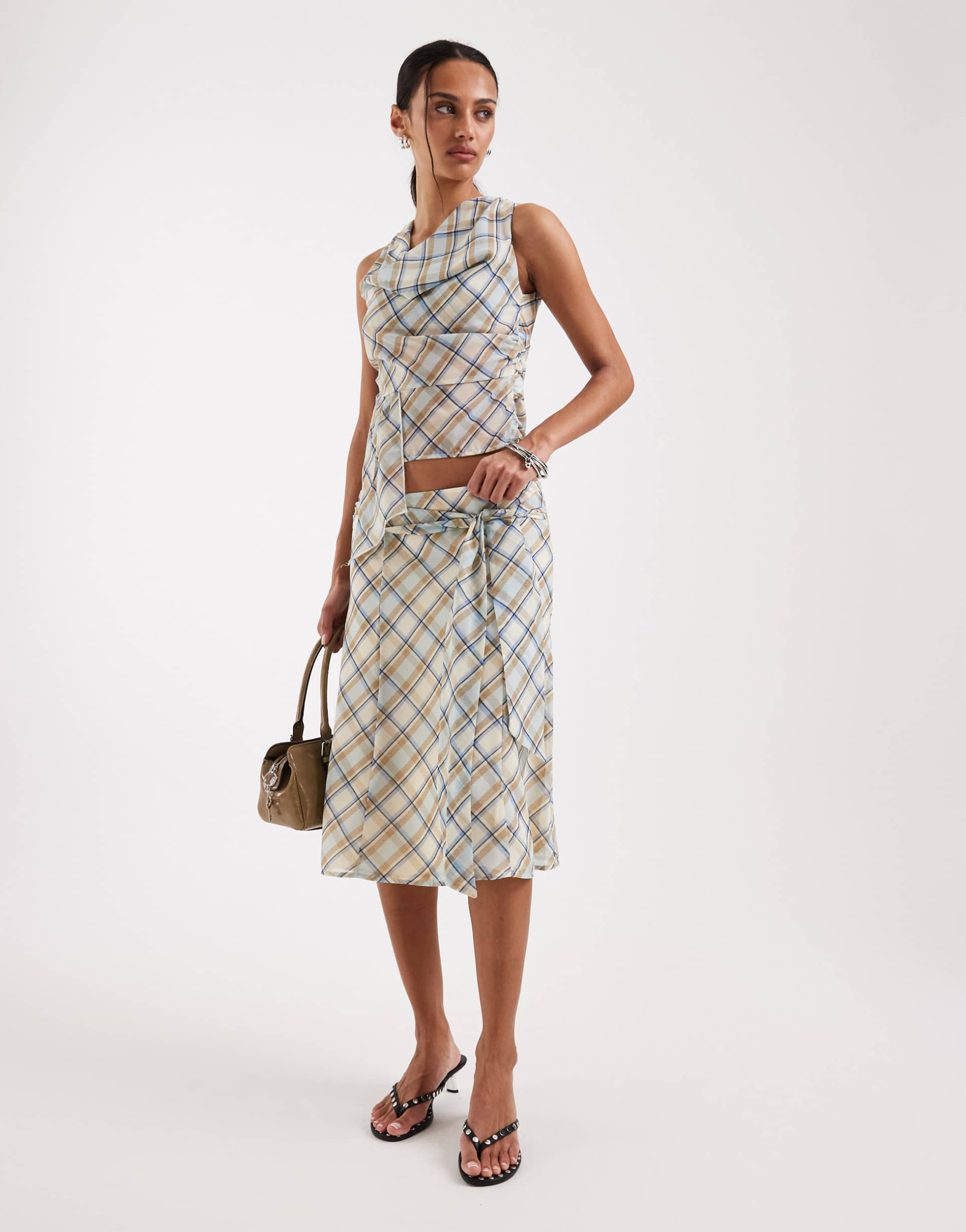 motel kamili midi skirt in vintage blue plaid - part of a set