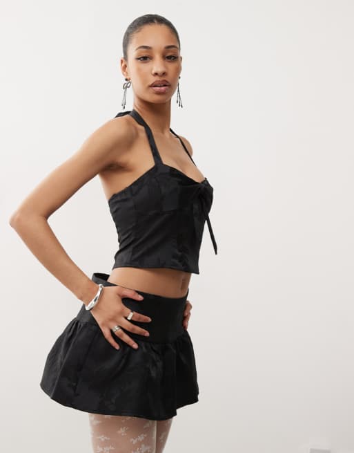 Motel Kampi jacquard bow detail cami in black (part of a set)