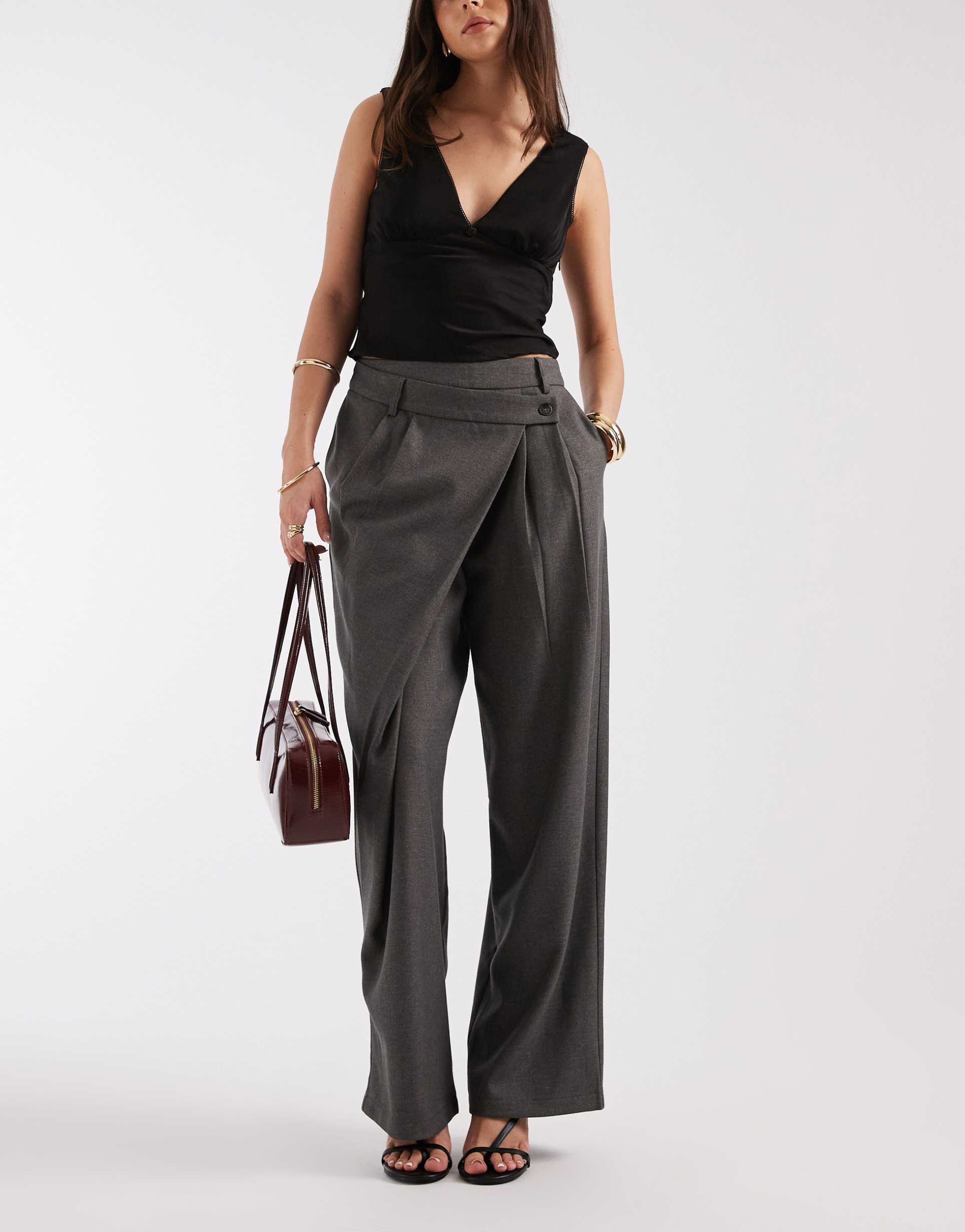 motel kanna asymetric waist pants in charcoal gray