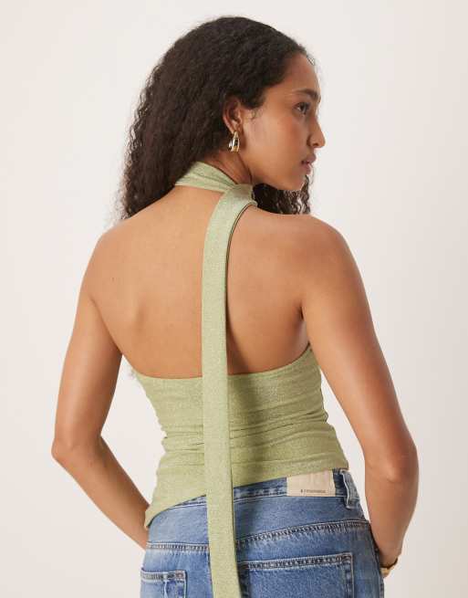 Motel karasi shimmer tie-neck top in mint green, 4 of 4