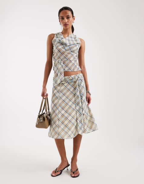 Motel – Kariertes Set aus Chiffon in Vintage-Blau mit Bindedetail - view 1