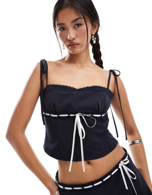 Motel Karisa ribbon detail cami top in navy (part of a set)