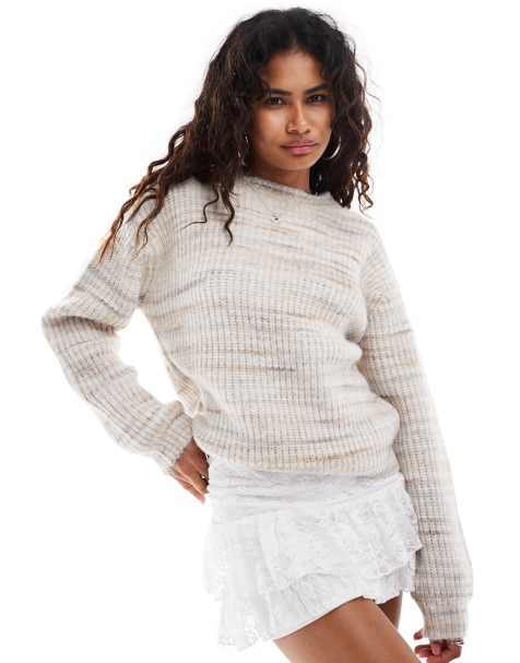 Motel karu brushed round neck chunky knit jumper in neutral - view 1