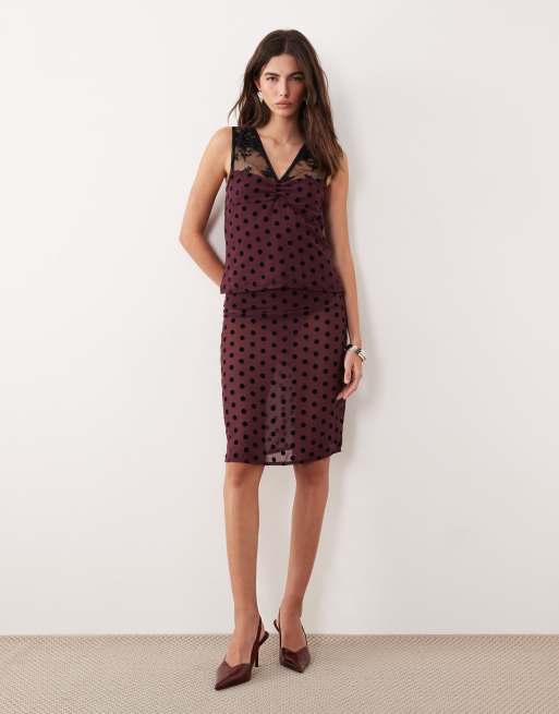 Motel Kasia co-ord v neck lace polka dot top in maroon, 2 of 4