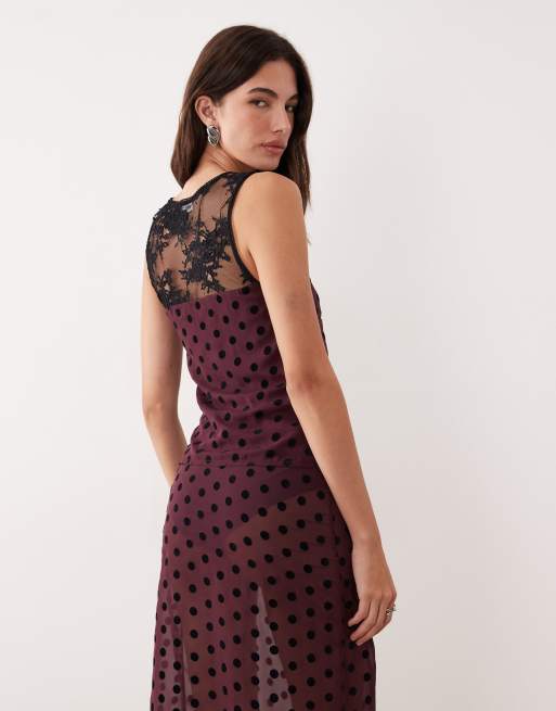 Motel Kasia co-ord v neck lace polka dot top in maroon, 3 of 4