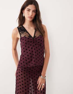 Motel Kasia V-neck Lace Polka Dot Top In Brown