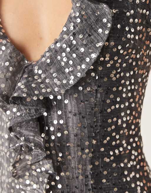 Motel - Kasuya - Robe courte ornée de sequins en mousseline - Gris, 3 de 4