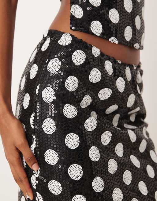 Motel - Kavivi - Jupe taille basse mi-longue à pois en sequins - Noir et blanc, 4 de 5