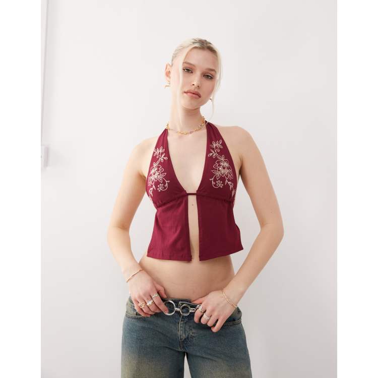 Motel kayria embroidery detail tie halter top in burgundy | ASOS