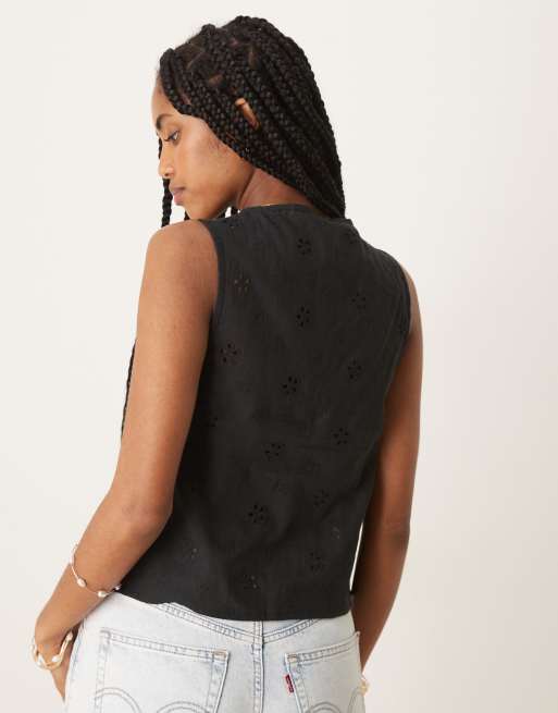 Motel kayve eyelet floral tie waist top in black, 4 of 4