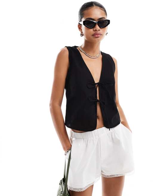 Motel Kayve tie detail singlet top in black