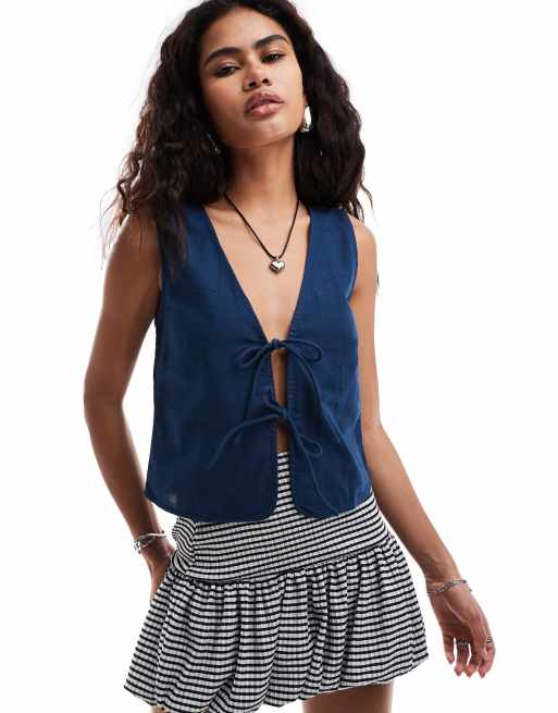 Motel Kayve tie front singlet top in navy